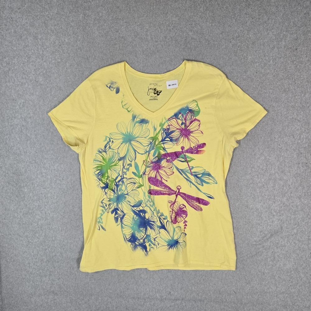Just My Size Women Shirt 1X / 1XG (16W) Yellow Floral Glitter V Neck